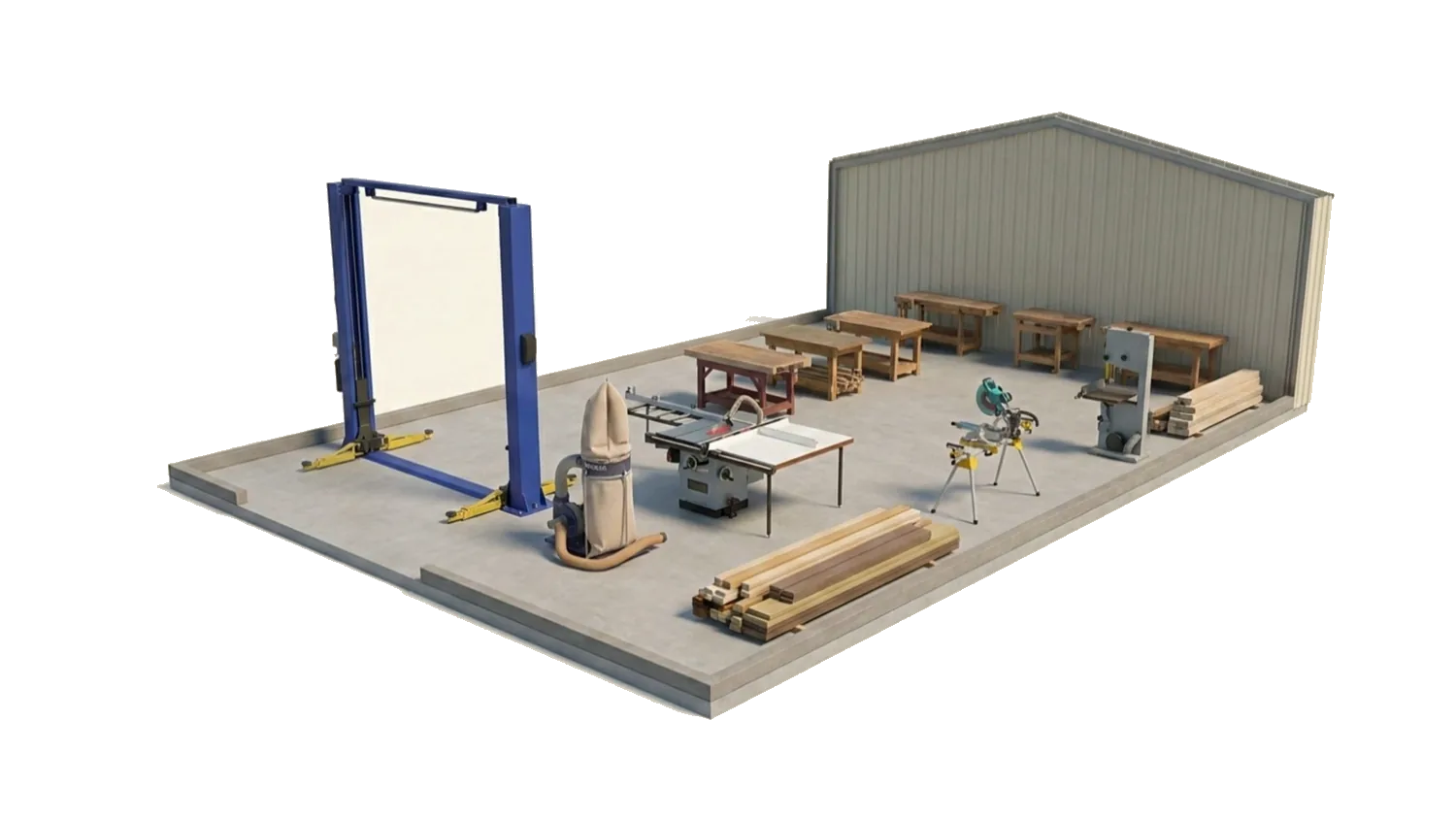 Cutaway of the shed showing the workshop inside — a car hoist, table saw, dust extractor, drop saw, bandsaw and workbenches